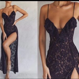 NEW House of CB Malia Night Shade Purple Lace Maxi Dress Slit Glam Ruffle S